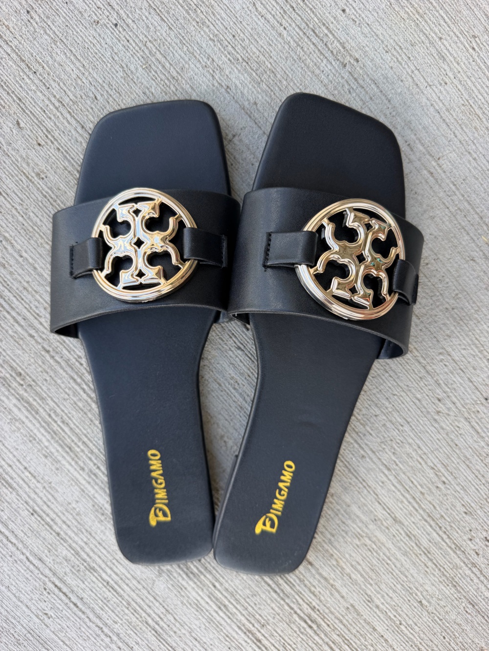 Black Slide Sandals with Gold Medallion